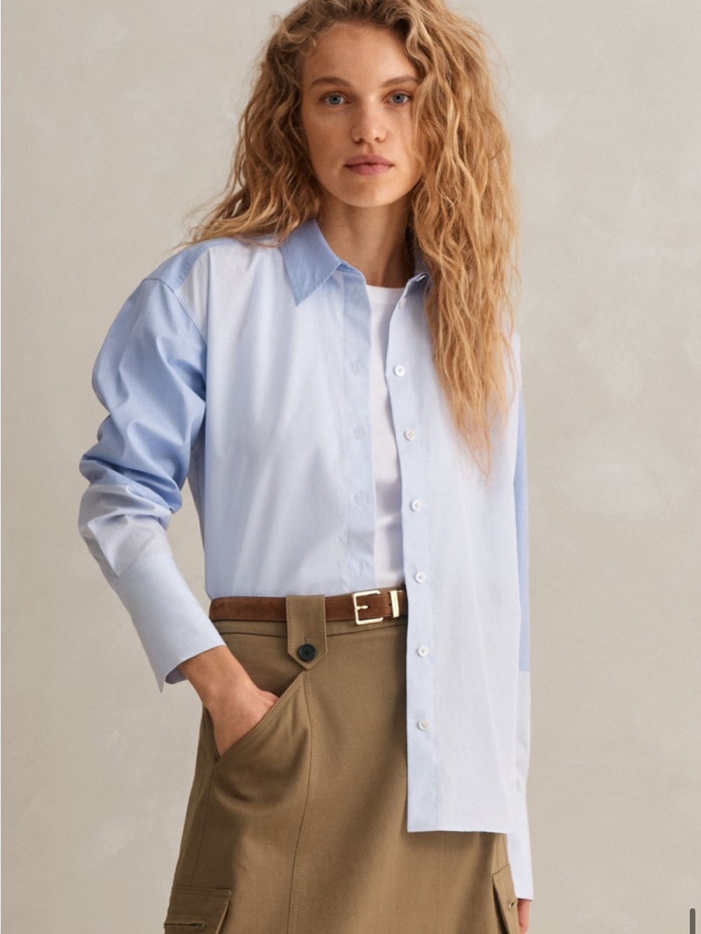 ME+EM The Disrupter Colorblock Two-Tone Light Blue Button-Down Cotton Shirt US 2